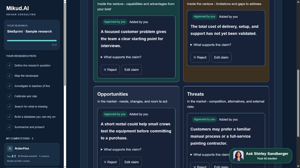 Mikud.AI English interface with fictional companies and illustrative sample research